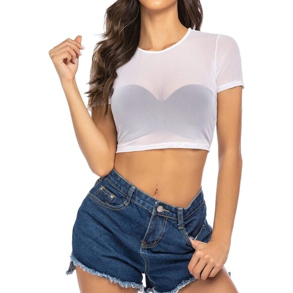 🆕Women White Sheer Mesh Crop Top Short Sleeve See Through Top for Women - Picture 2 of 4